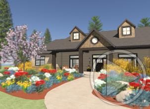 The front of a home with flower beds on either side.