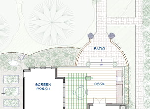 A floor plan view of a backyard landscaping design