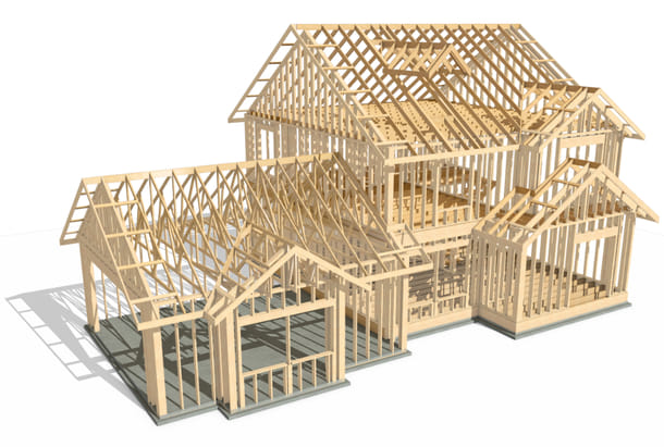 3D rendering of wall framing, floor framing and roof framing created automatically for a 2 story house with gable roof.