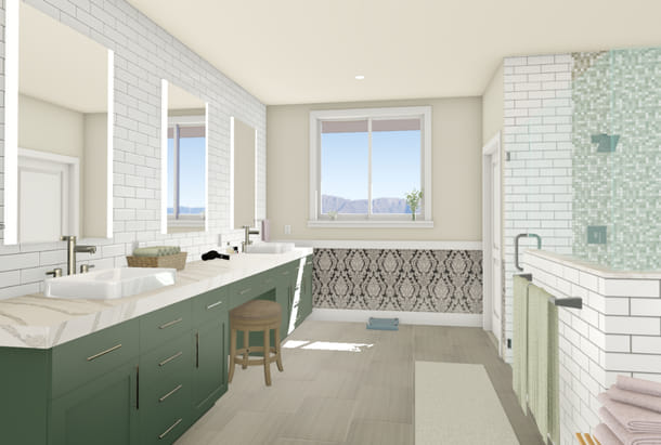 Bath remodel with dual vessel sink vanities, barrier free shower, soaking tub and pebble stone inlay.
