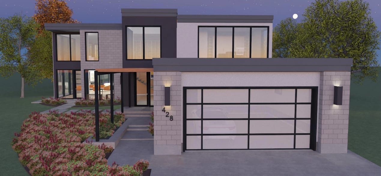 Contemporary modern home with flat roof, brick accents, translucent garage door in the evening real-time ray trace rendering.