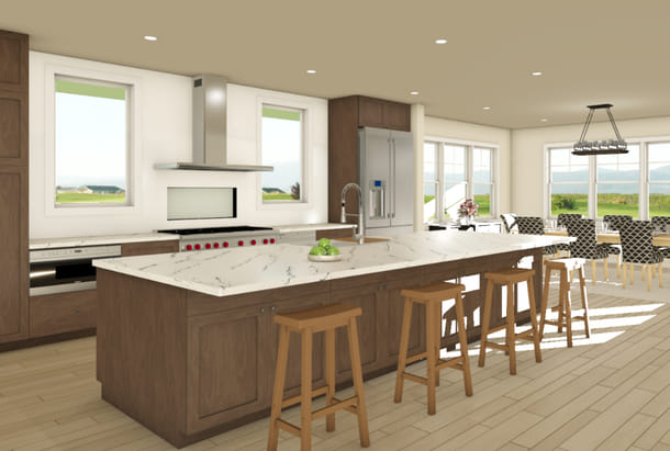 Kitchen remodel with wall niche over range, large island with seating and a dining room additional.