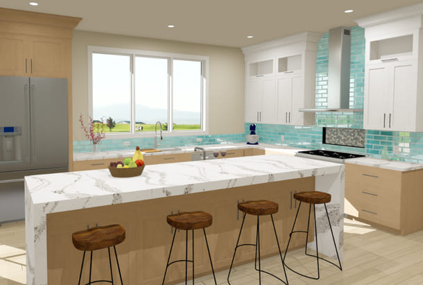 Classic kitchen remodel with glass door cabinets, custom backsplash and large island with seating and a waterfall countertop.