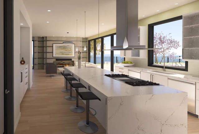 Contemporary Kitchen rendering with a large kitchen waterfall island.