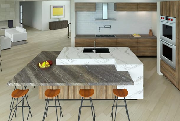 Kitchen island with a granite bar and bar stools.