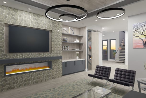 Living room with modern fireplace and seating.