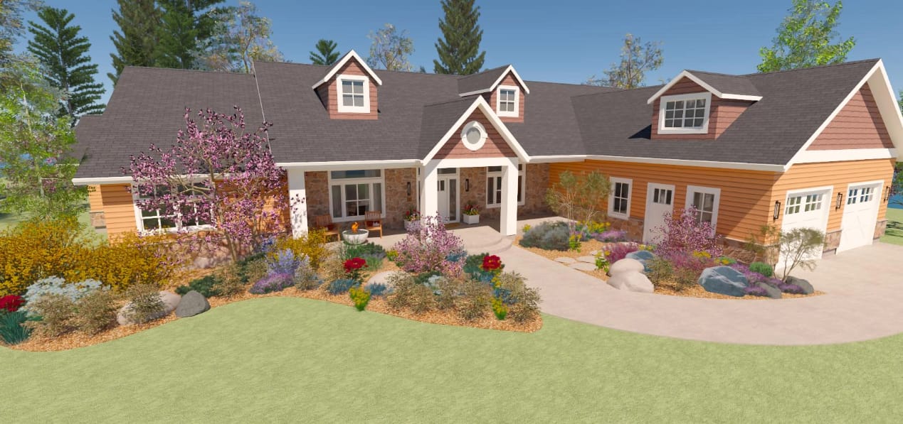 Front yard landscape design with shrubs, flowers and trees for a brown cedar shingled house with front porch.