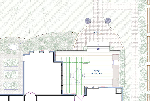 A floor plan view of a backyard landscaping design