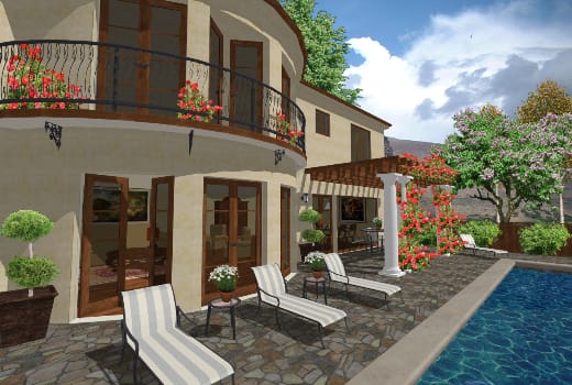 Lounge chairs by a pool