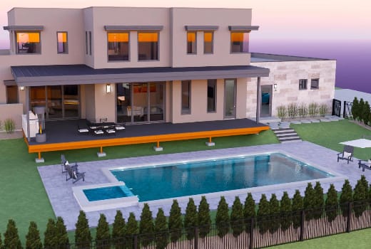 Modern southwest stucco house design with deck outdoor living space and pool in the sunset.