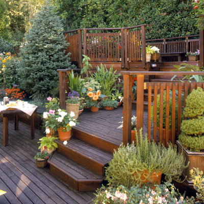 A deck with stairs between multiple levels