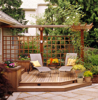 Raised deck on a stone patio