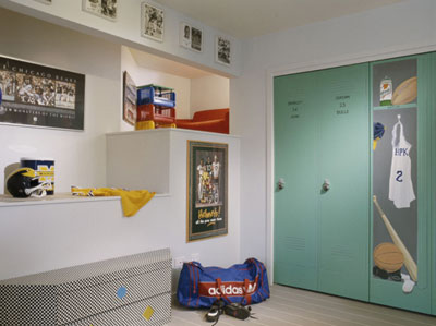 Sports themed room with multiple tiered areas including a hidden reading area