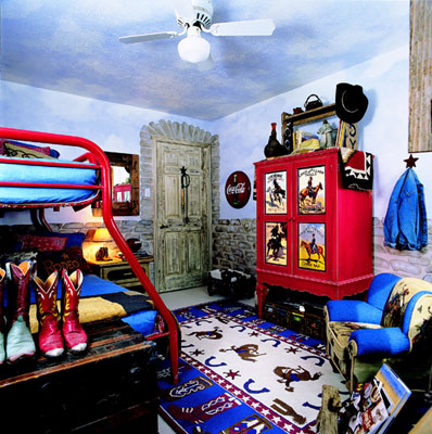 Western themed room with a sky painted on the walls and ceilings