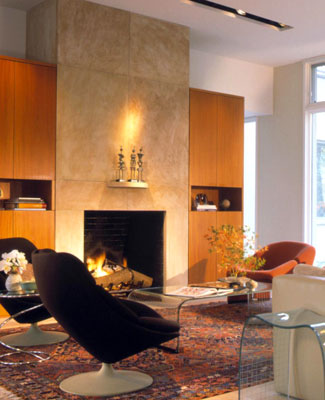 A contemporary living room with a fireplace