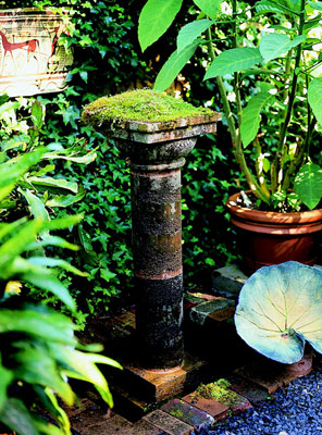 A moss covered pillar surrounded by plants