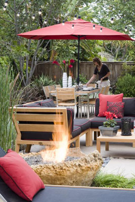 Outdoor dining area getting setup for dinner