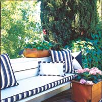 Outdoor couch and pillows surrounded by plants