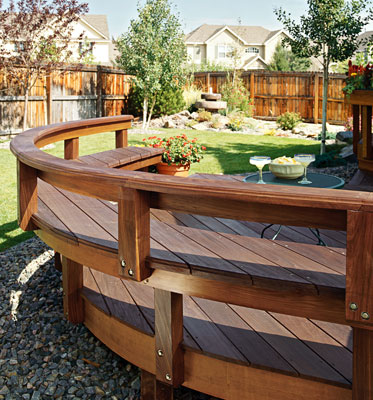 A deck with built in seating around the edge of the deck