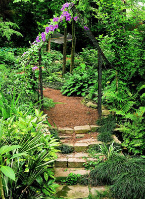 A natural stone staircase path in the middle of a lush garden