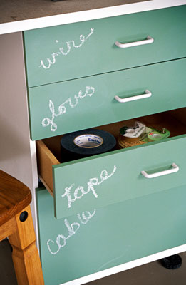 A cabinet with all of the drawers labeled with chalk