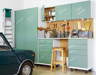 An organized work area where every cabinet is labeled with chalk