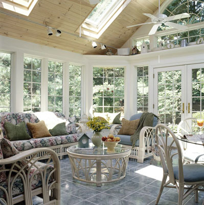 A large sun room with skylights