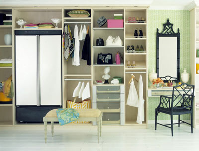 An open shelf walk-in closet