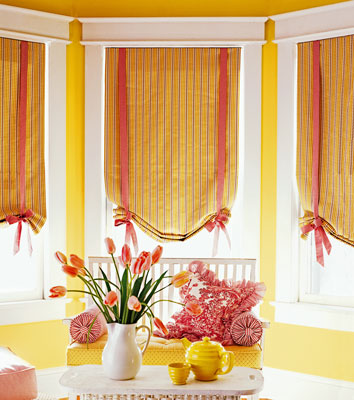 Windows with fabric roll-up curtains