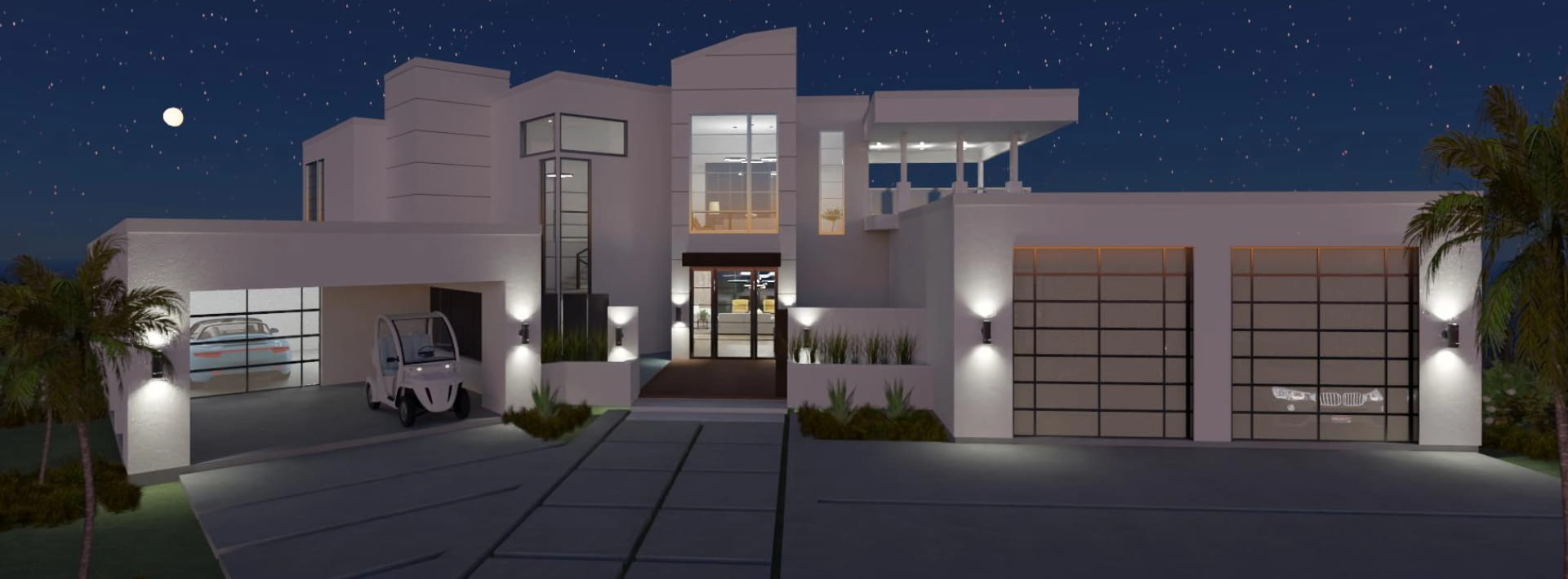 3D rendering of an exterior home design at night