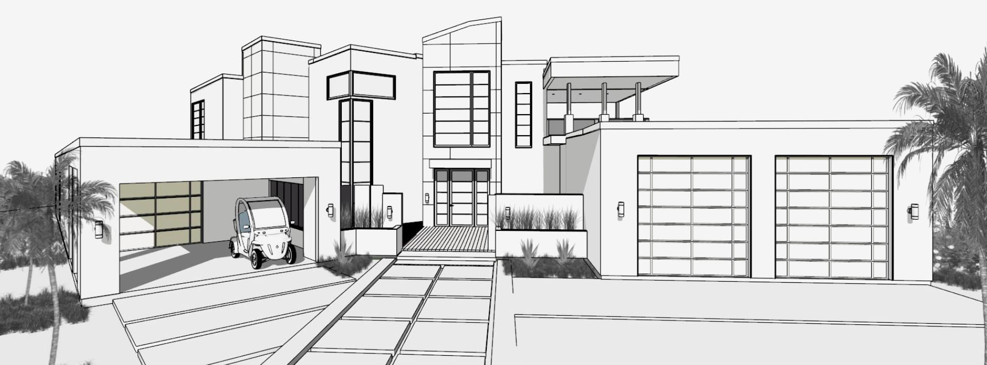 3D rendering of an exterior home design in technical illustration