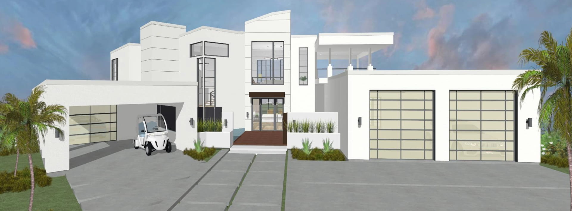 3D rendering of a modern white stucco house exterior in standard render view