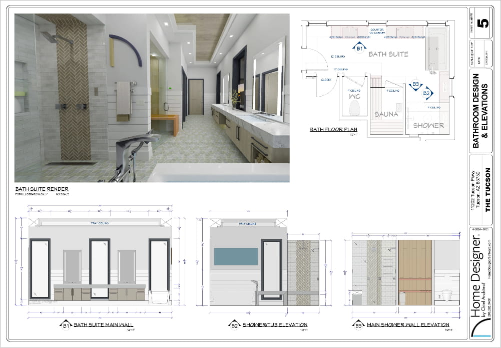 Layout page displaying the Tucson sample plan bathroom design and elevation drawings.