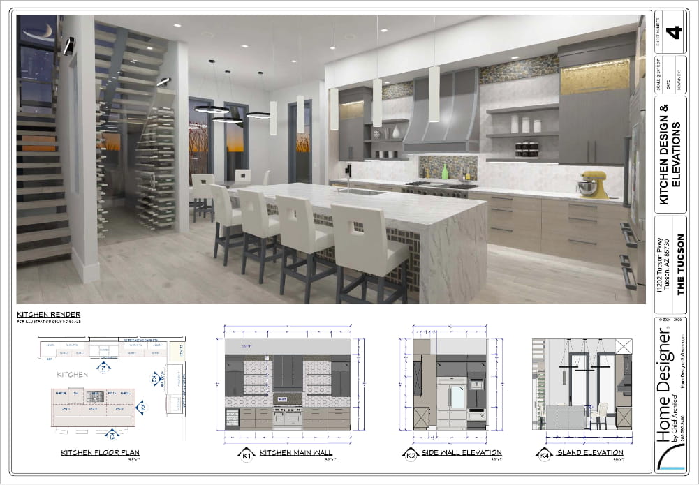 Kitchen design and elevations on a layout page of the Tucson sample plan.