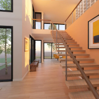 Interior renderings of a modern entry with stairs.