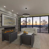 Interior renderings of a modern kitchen and living room.