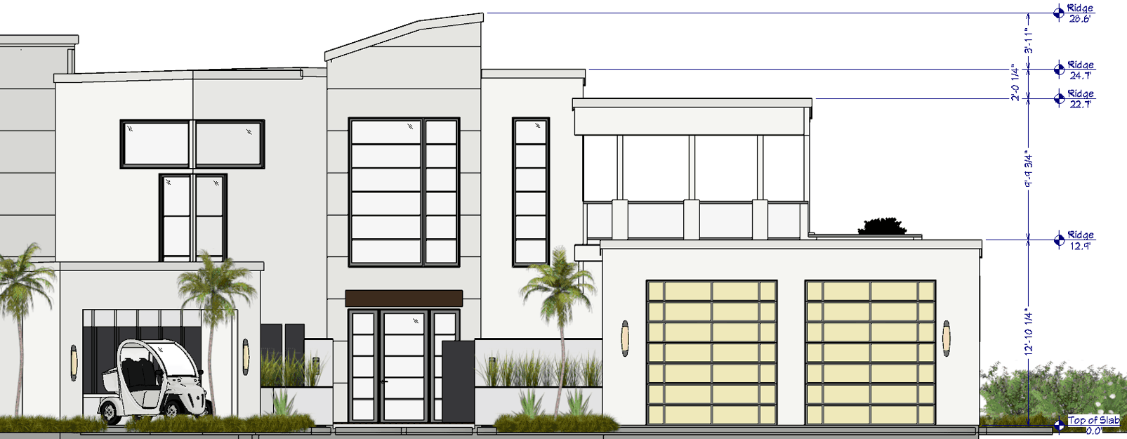 Exterior elevation with dimensions.