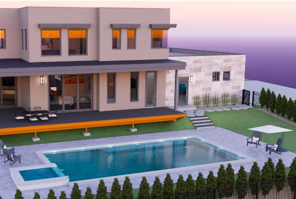 Exterior view of a deck and pool in the Tucson home design.