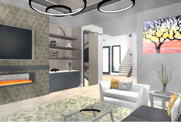 Living room view of the Tucson home design in watercolor.