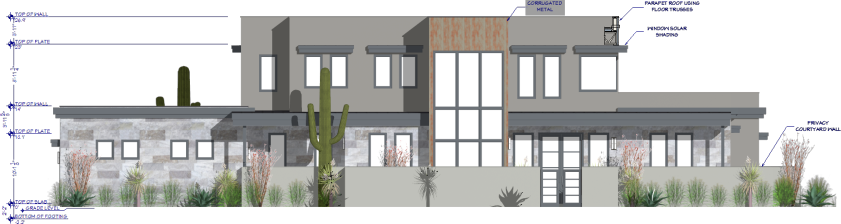 Front elevation of the Tucson home design with annotations.