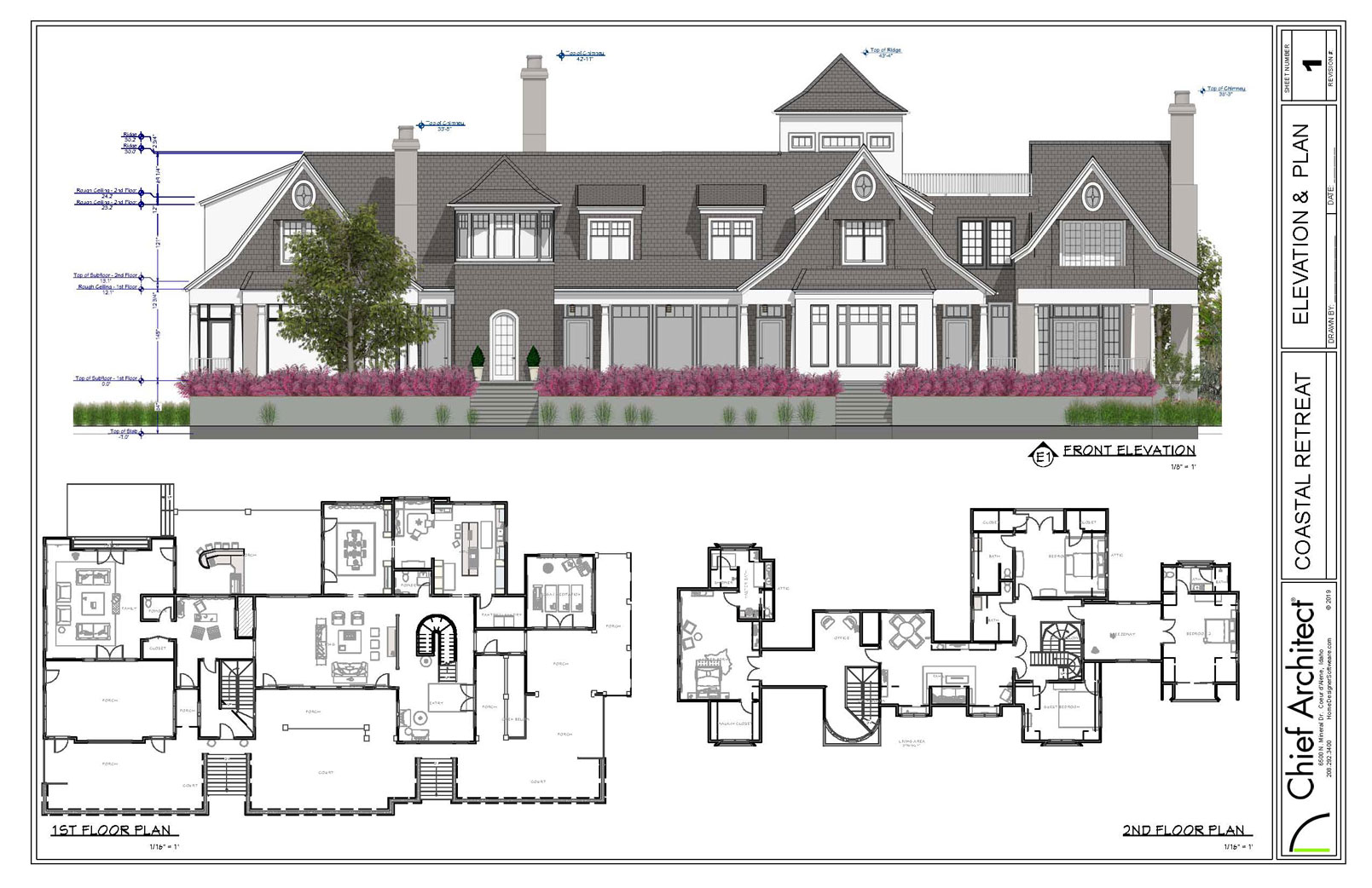 Layout sheet with a front elevation and two floor plan views.