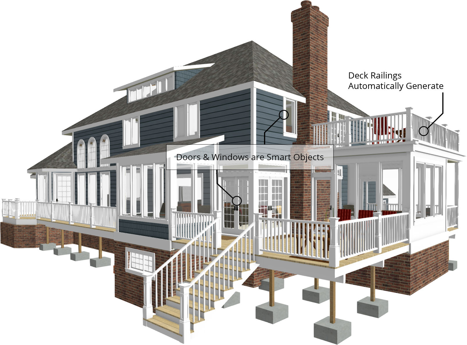 Doors and windows are smart objects. Deck railings automatically generate.