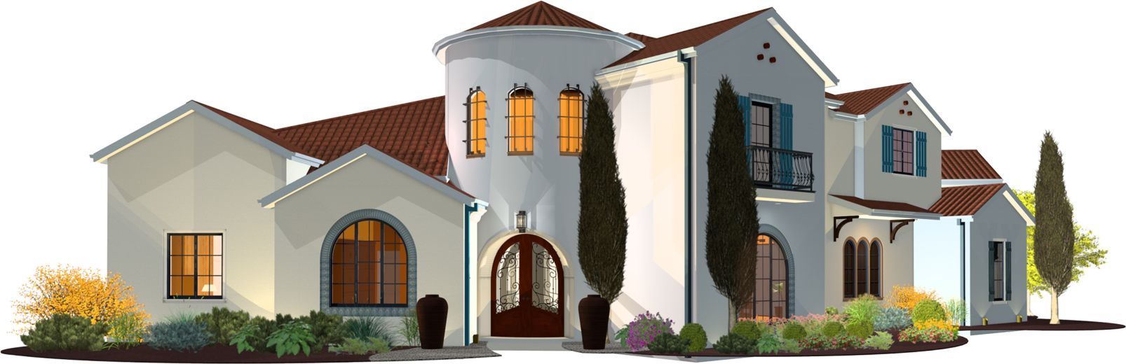 An exterior render of a Mediterranean style home.