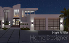 A striking evening rendering of a modern luxury home, illuminated by warm interior and exterior lights under a starry night sky with a visible moon. The house's large windows glow, showcasing interior details, while wall sconces cast inviting light onto the white facade and landscaping. A golf cart is visible in the illuminated carport.