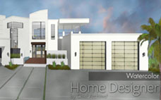 A stylized watercolor rendering of a sprawling modern home with a white facade and dark-framed windows, set against a painterly blue and pink cloudy sky. The loose brushstrokes give a softer, artistic impression of the contemporary architecture, with lush green landscaping and palm trees.