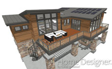 Aerial 3D rendering of a contemporary house with a large outdoor deck and integrated solar panels on the roof. The image highlights the detailed construction of the deck, including its stone pillars and modern railing system, with outdoor furniture arranged for leisure.