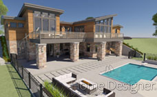 Full exterior rendering of a contemporary multi-level home featuring wood siding, stone accents, and expansive windows. The design includes a large elevated deck with metal railings and a spiral staircase leading down to a poolside patio with outdoor seating.