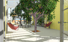 A 3D rendering of an outdoor breezeway or covered patio area, featuring light-colored decking and bright yellow siding on adjacent walls. Two large orange trees grow through openings in the deck, with two red fabric hammocks suspended from their branches. In the background, there's outdoor dining furniture and a view of what appears to be water or a distant landscape.