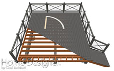 Top-down exploded overview of a residential deck, illustrating the layered construction from the sub-structure of wooden joists to the finished decking and perimeter railing system.