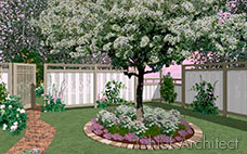 A white flowering plum tree is edged with brick, white and pink flowers, all inside a fenced area with gate and path.